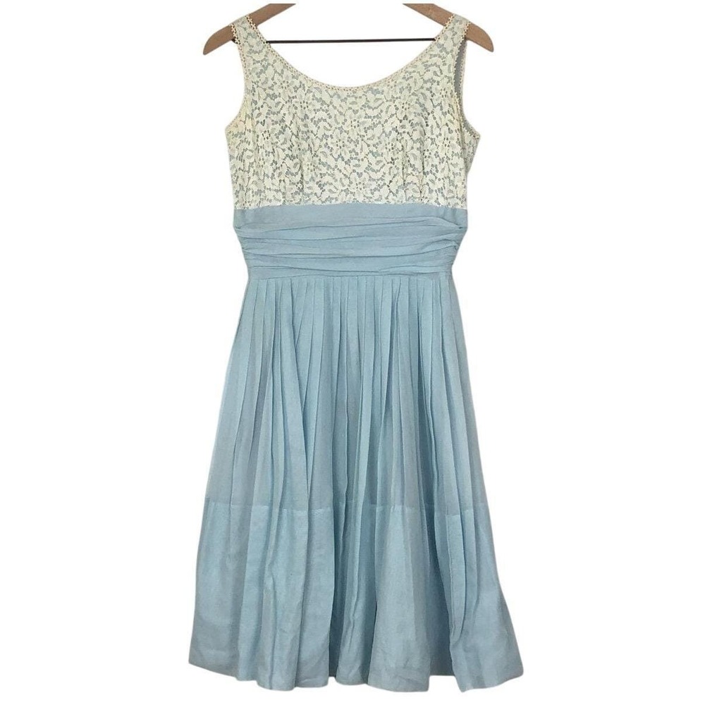 VTG MISS‎ ELLIETTE Lace Midi Dress Sz 4 S Blue Ivory Ruched Waist Coquette USA